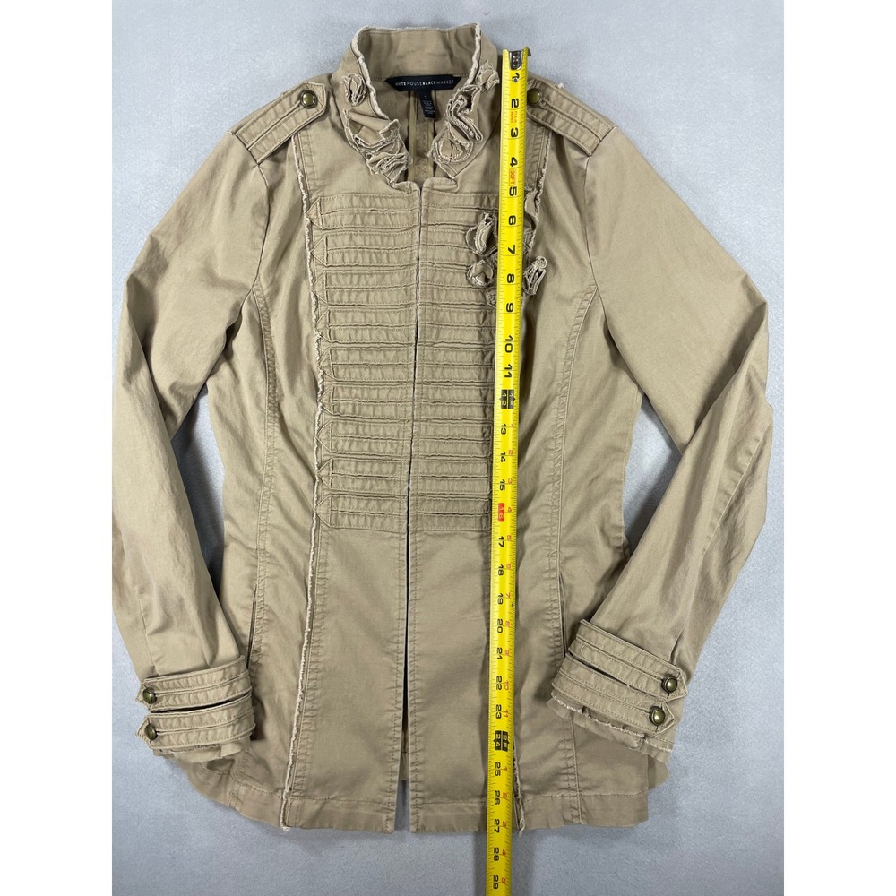White House Black Market Womens Jacket Military Ruffle Tan Cotton Blend Size 2 - Picture 4 of 10